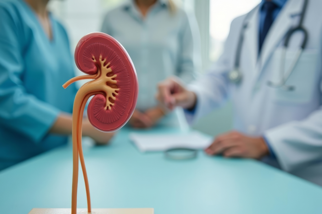 Los profesionales médicos discuten el modelo de riñón en la oficina